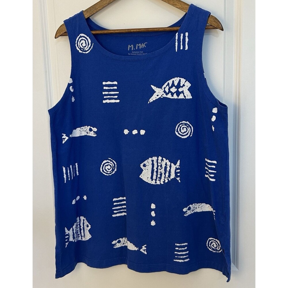 M. Mac Women’s Sleeveless Tank Large Blue Fish Print Coastal Resort Beach Top - Picture 2 of 10